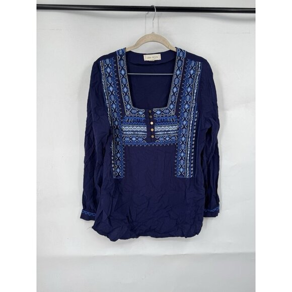 Luna Moon Embroidered Beaded Blouse Women Large Navy Blue Long Sleeve Hippie - Picture 1 of 7